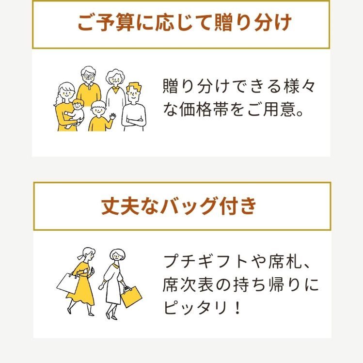 3品選べる引き出物カード「おすすめの理由」の続き・ご予算に応じて贈り分け…贈り分けできる様々な価格帯をご用意。・丈夫なバッグ付き…プチギフトや席札、席次表の持ち帰りにピッタリ!