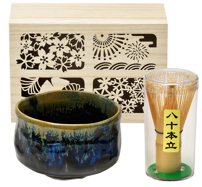 四季庵　抹茶碗セット木箱入　青黒[MCW-S3]-2