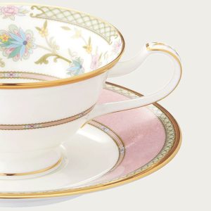[9983-07J/Y6988]ヨシノ　ティー・コーヒー碗皿ペアセット（グリーン・ピンク）